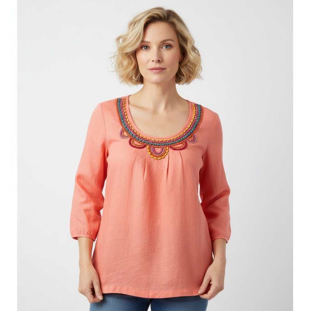 Boden Peach Colorful Beaded Scoop Neck 100% Linen 3/4 Sleeve‎ Blouse  Size 10